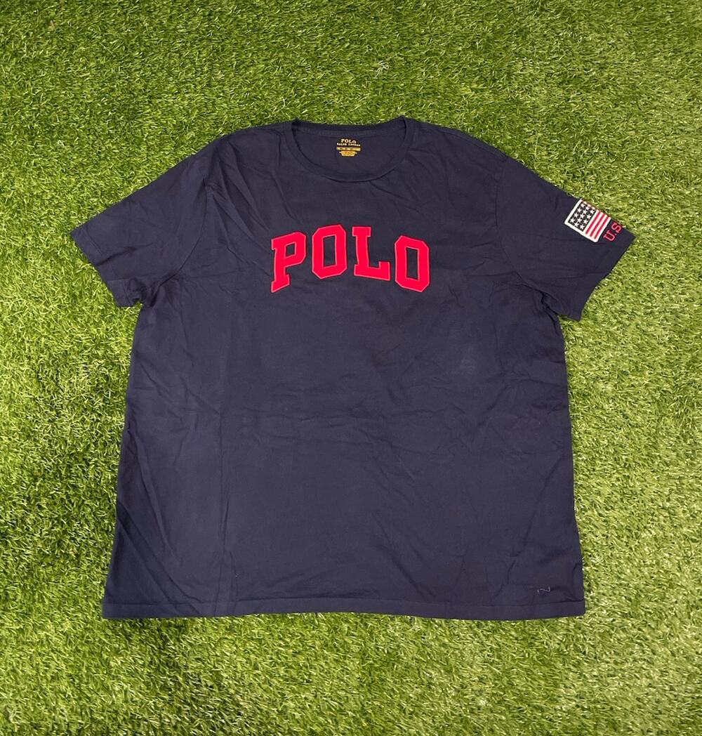 Polo Ralph Lauren Men's XXL Navy Blue Big Red Spellout T-Shirt USA Flag Sleeve
